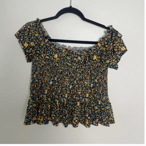 ⭐️Floral Off-the-Shoulder Smock Hipster Hippie Artsy Boho Art Girly Blouse Top - Picture 4 of 7